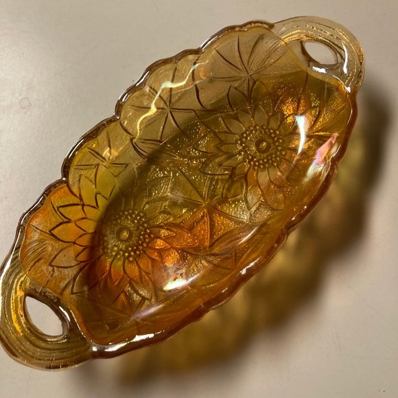 Vintage Carnival Glass Marigold/Sunflower Iridescent Oval Dish w/Handles - Picture 5 of 11